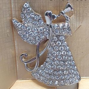 Vintage MONET Silver-tone & Pave Crystals Angel with Trumpet Brooch/Pin. 1.75" H